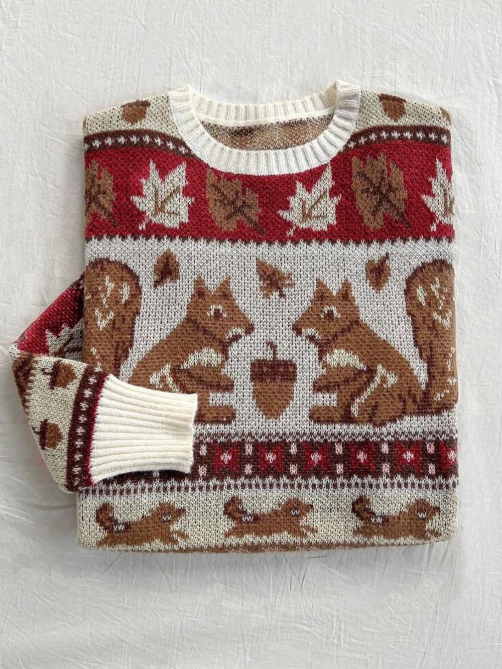 Women's Cream and Red Fox Knit Crewneck Sweater